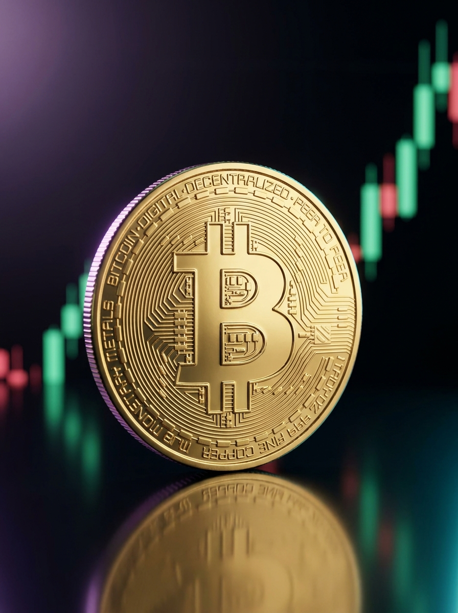 A bitcoin beside a market chart